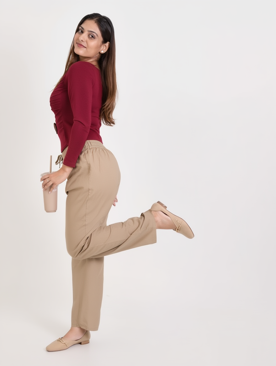 Airy Linen Straight Fit Pants ( Light Beige Shade )
