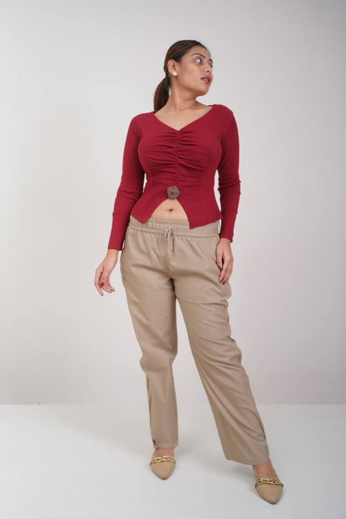 Airy Linen Straight Fit Pants ( Light Beige Shade )