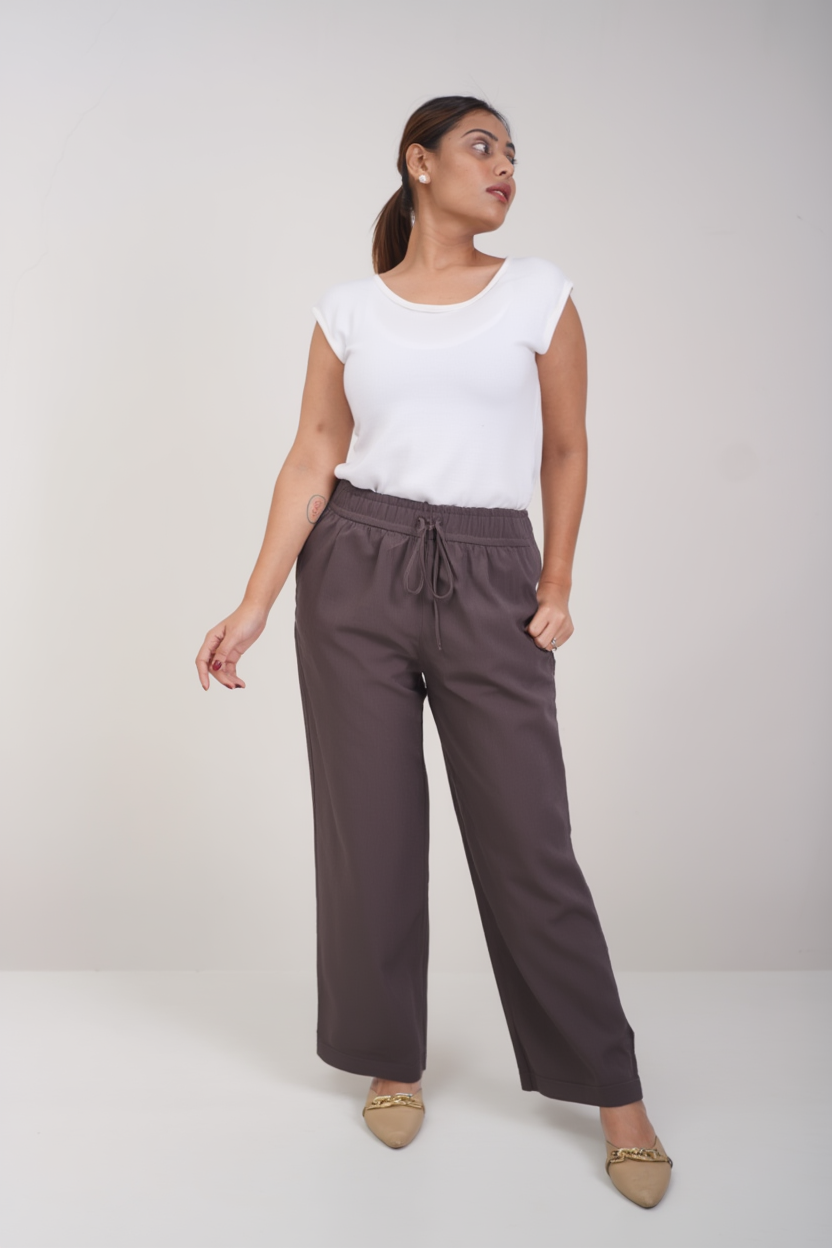 Airy Linen Straight Fit Pants (Dark Brown-Grey Shade )