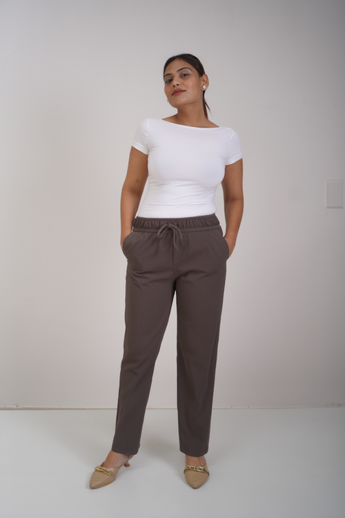 Airy Linen Straight Fit Pants (Dark Brown-Grey Shade )