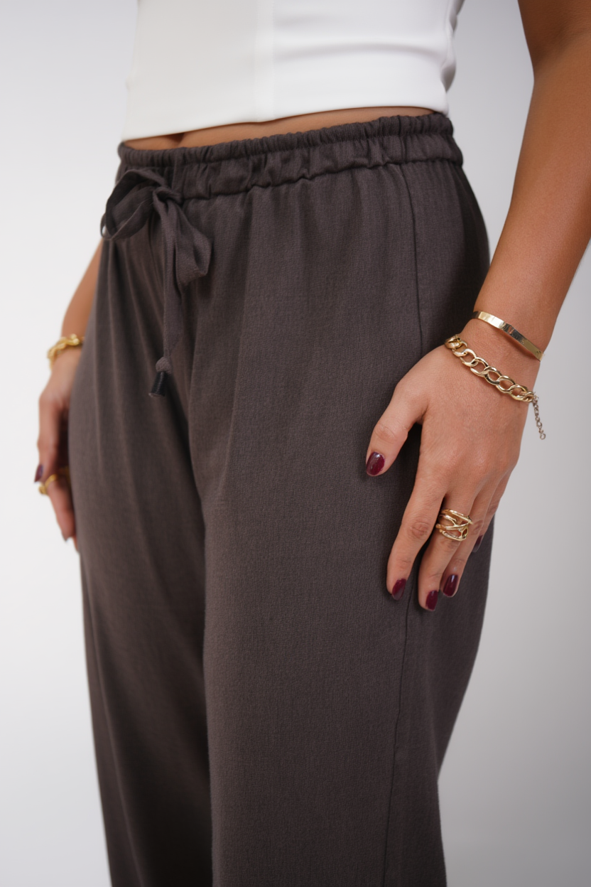 Airy Linen Straight Fit Pants (Dark Brown-Grey Shade )