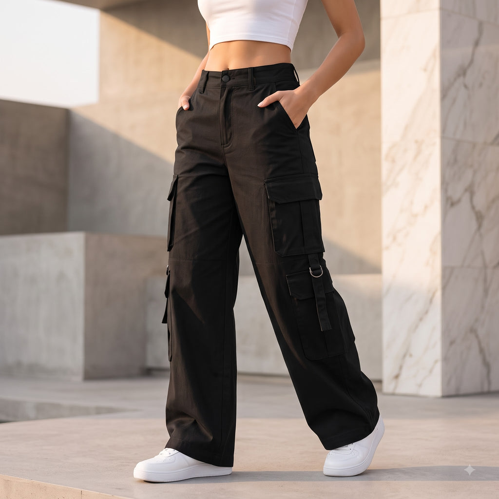 Women's Relaxed Fit Cargo Pants | Premium Cotton Wide Leg Cargo Trousers
