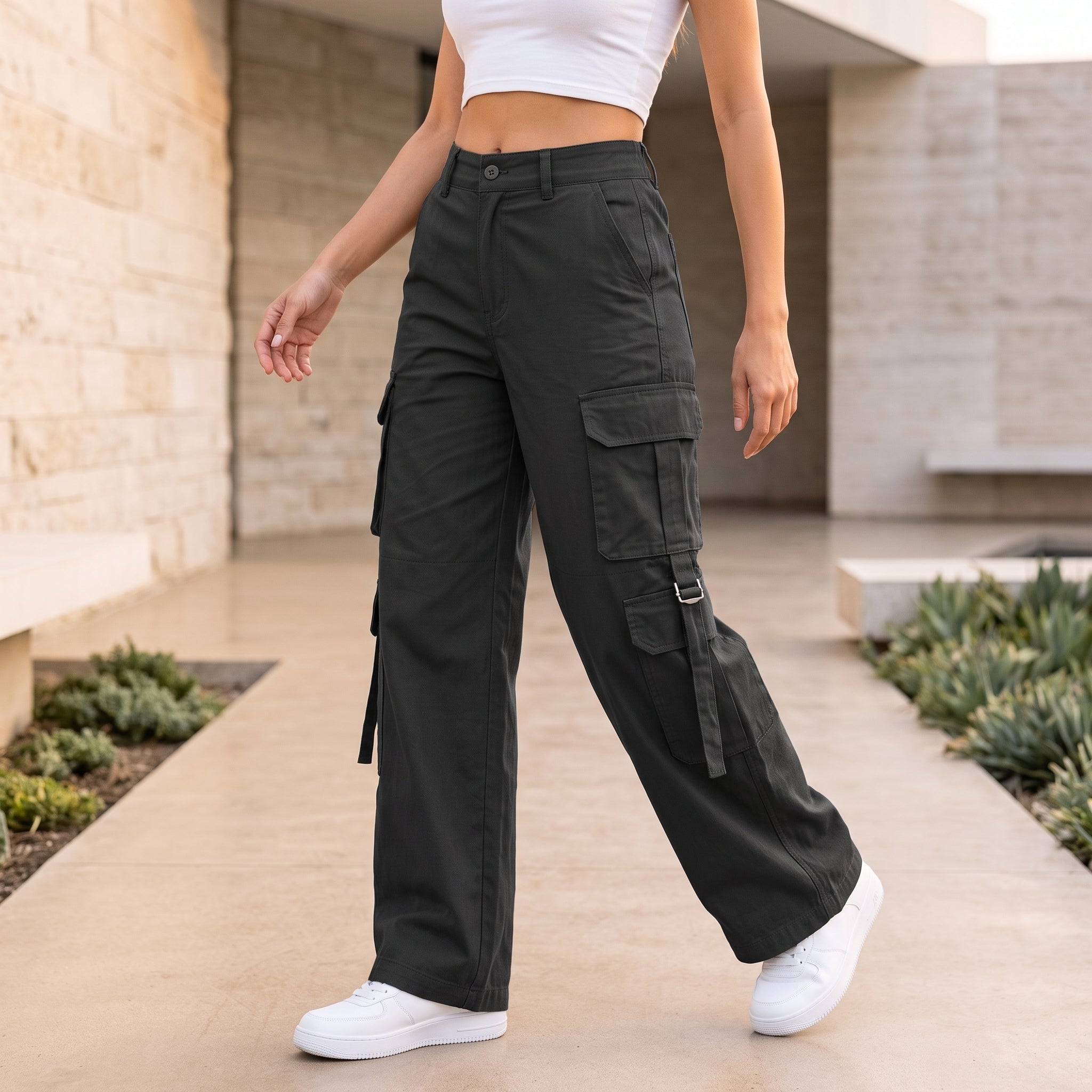 Women's Relaxed Fit Cargo Pants | Premium Cotton Wide Leg Cargo Trousers