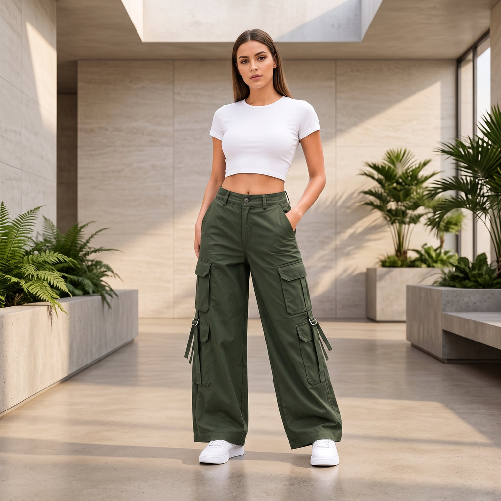 Women's Relaxed Fit Cargo Pants | Premium Cotton Wide Leg Cargo Trousers