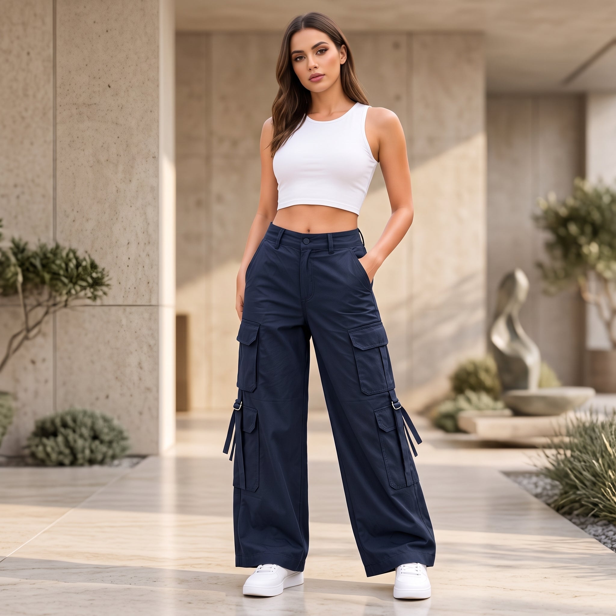 Women's Relaxed Fit Cargo Pants | Premium Cotton Wide Leg Cargo Trousers