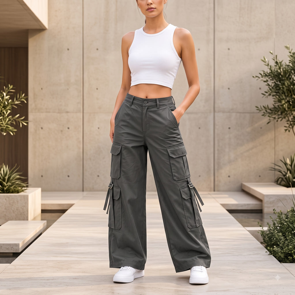 Women's Relaxed Fit Cargo Pants | Premium Cotton Wide Leg Cargo Trousers
