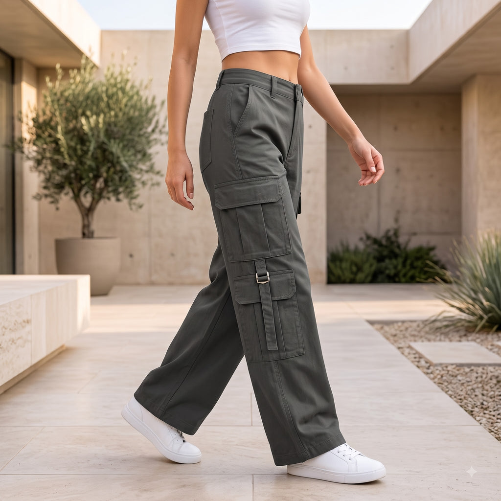 Women's Relaxed Fit Cargo Pants | Premium Cotton Wide Leg Cargo Trousers