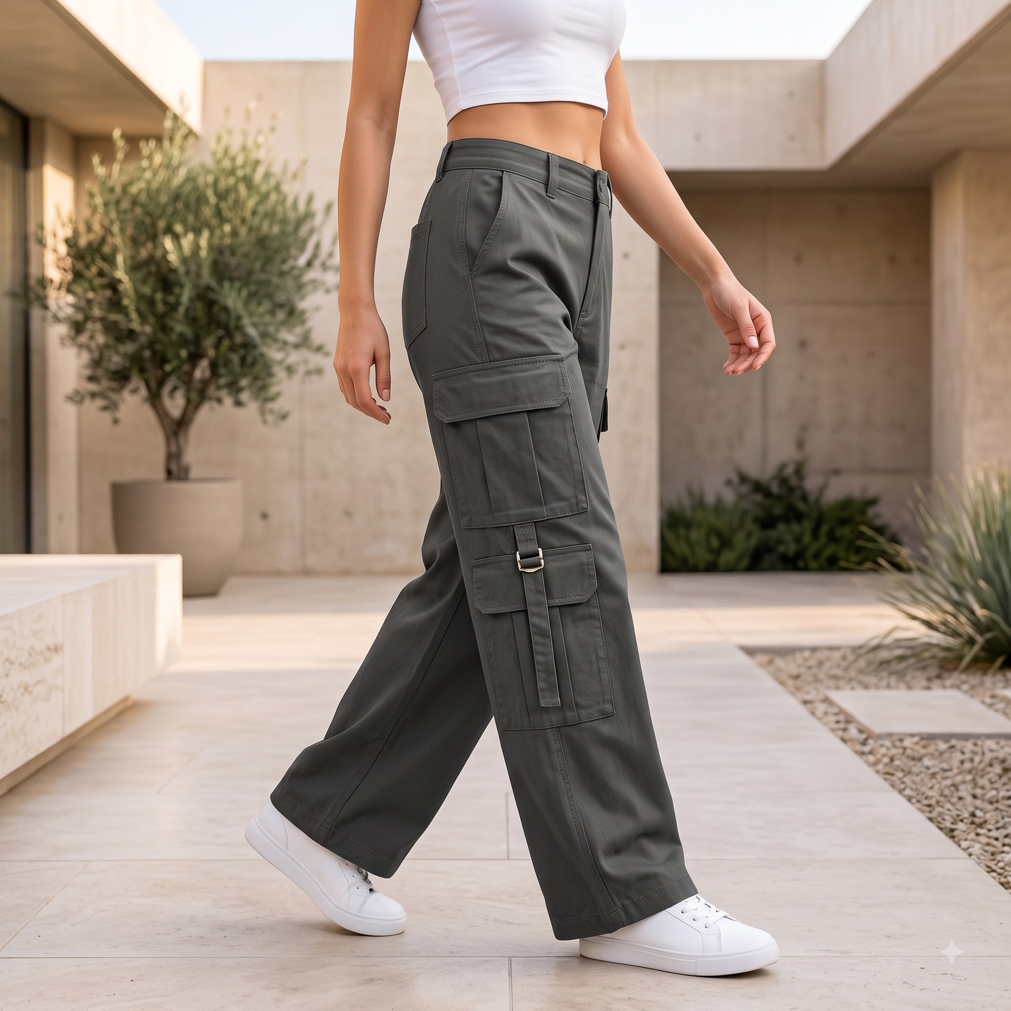 Women's Relaxed Fit Cargo Pants | Premium Cotton Wide Leg Cargo Trousers