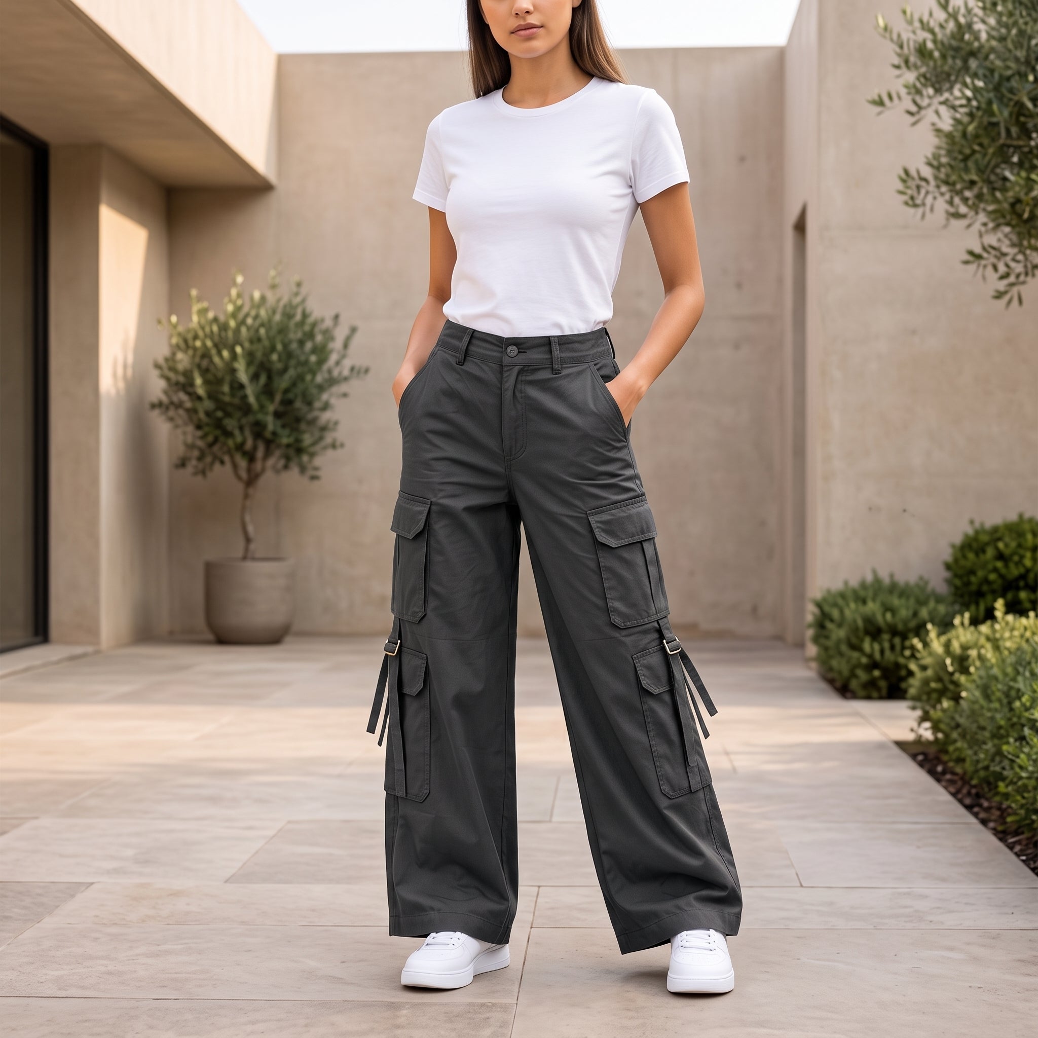 Women's Relaxed Fit Cargo Pants | Premium Cotton Wide Leg Cargo Trousers