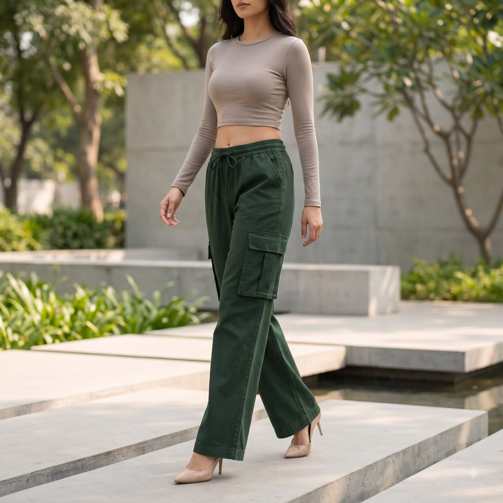Women's Relaxed Fit 4 Pocket Cargo Pants | Cotton Wide Leg Trousers