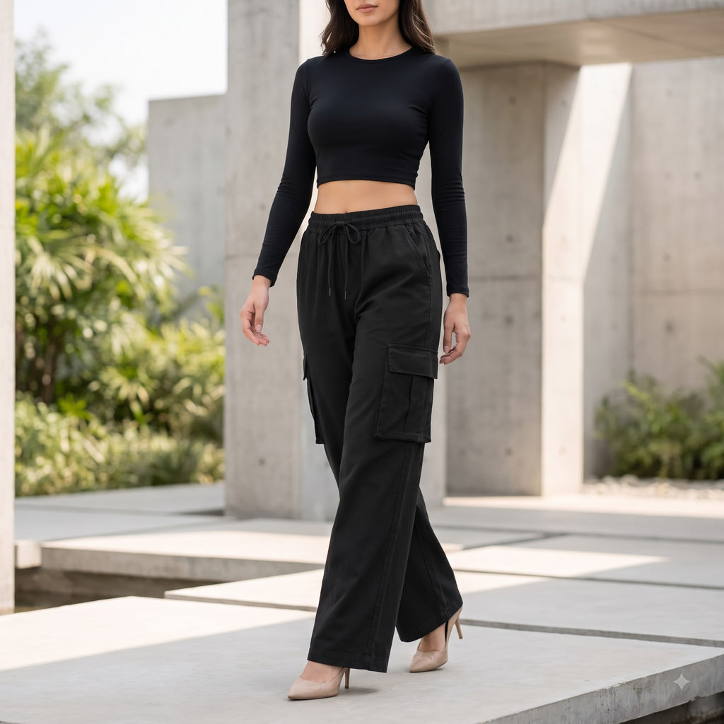 Women's Relaxed Fit 4 Pocket Cargo Pants | Cotton Wide Leg Trousers