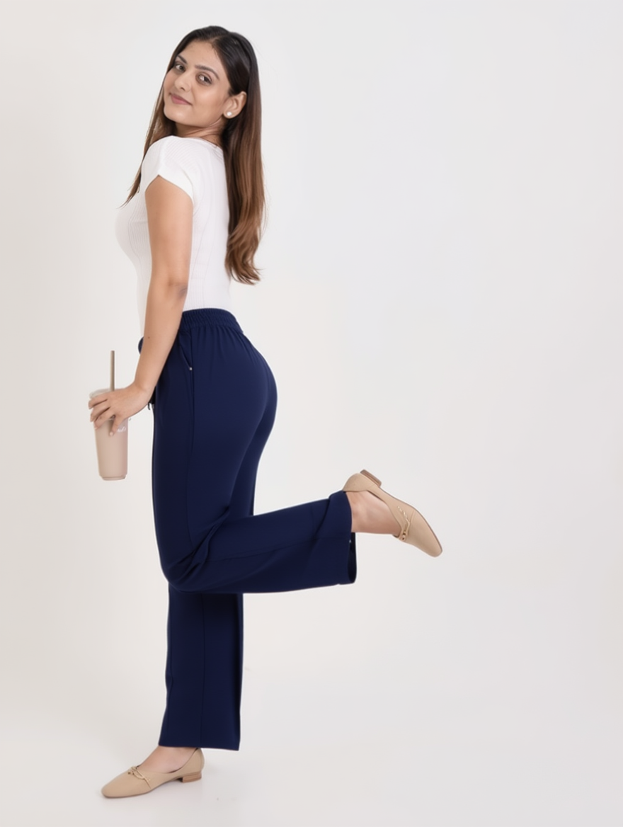 Airy Linen Straight Fit Pants(Navy Blue Shade)