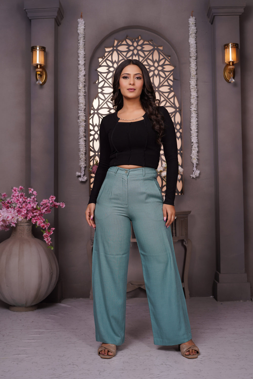 Premium Linen Wide Leg Pants bottle green