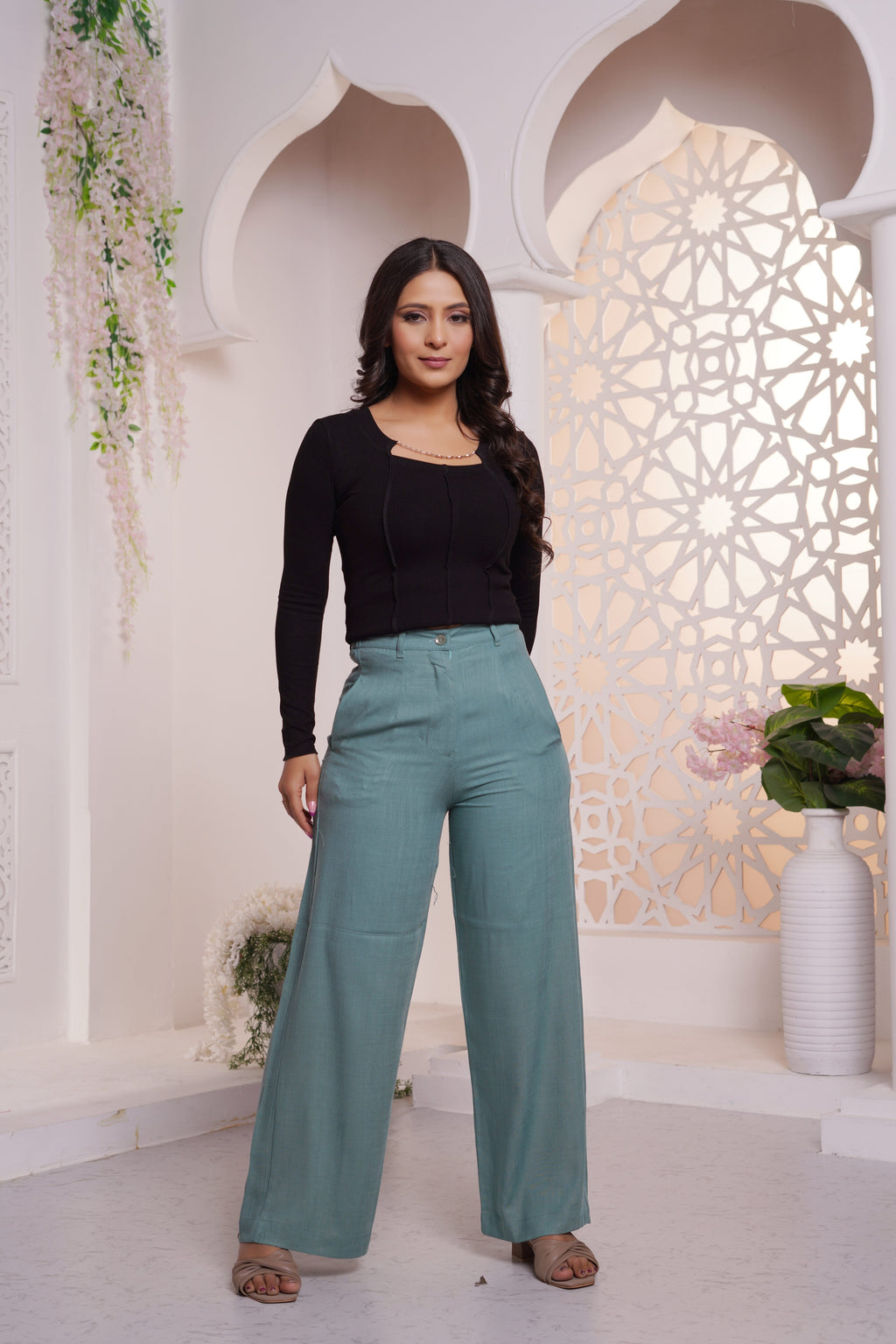 Premium Linen Wide Leg Pants bottle green