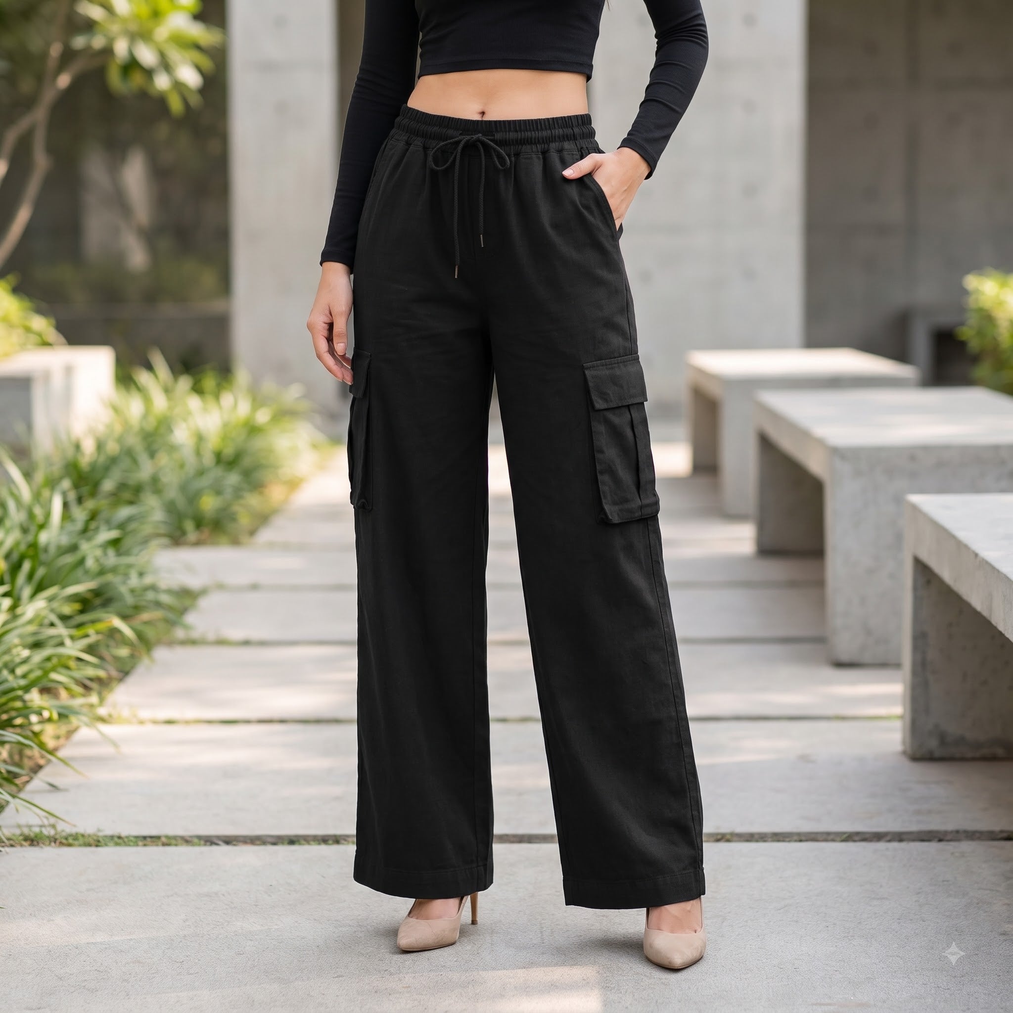 Women's Relaxed Fit 4 Pocket Cargo Pants | Cotton Wide Leg Trousers