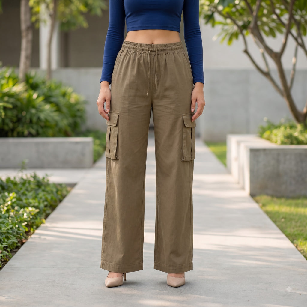 Women's Relaxed Fit 4 Pocket Cargo Pants | Cotton Wide Leg Trousers