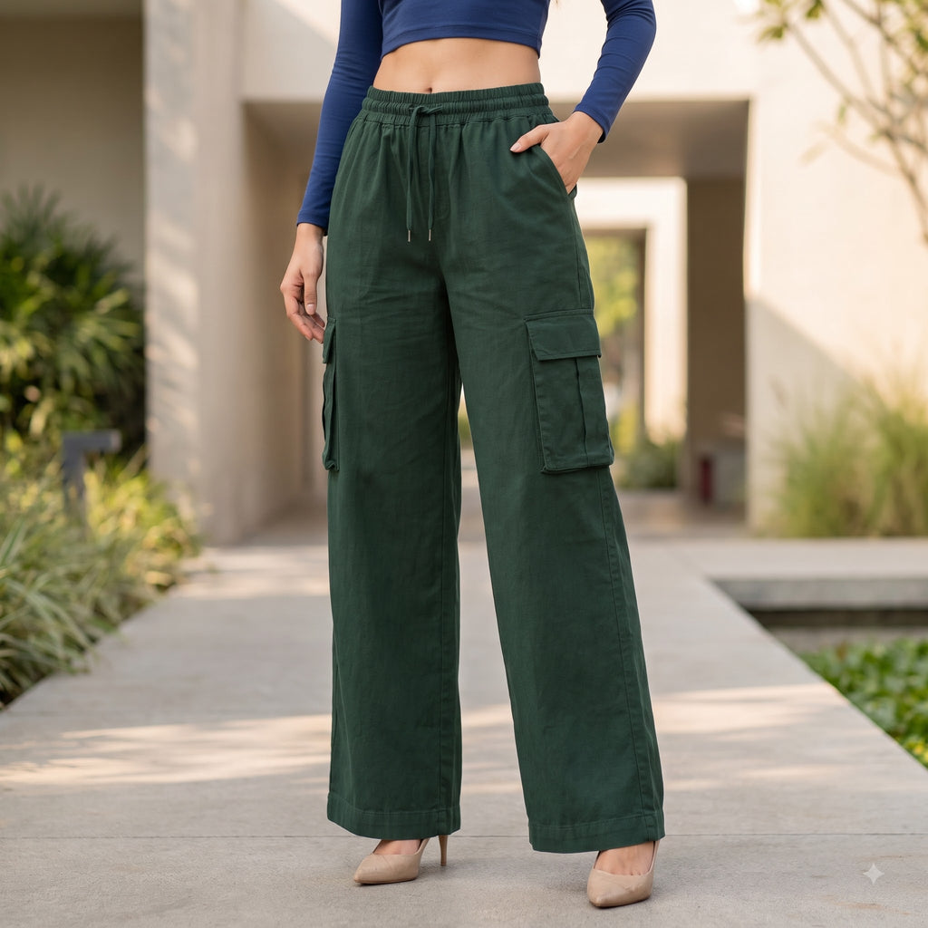 Women's Relaxed Fit 4 Pocket Cargo Pants | Cotton Wide Leg Trousers