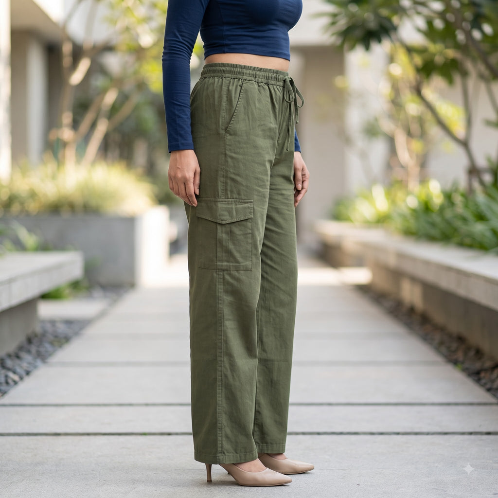 Women's Relaxed Fit 4 Pocket Cargo Pants | Cotton Wide Leg Trousers