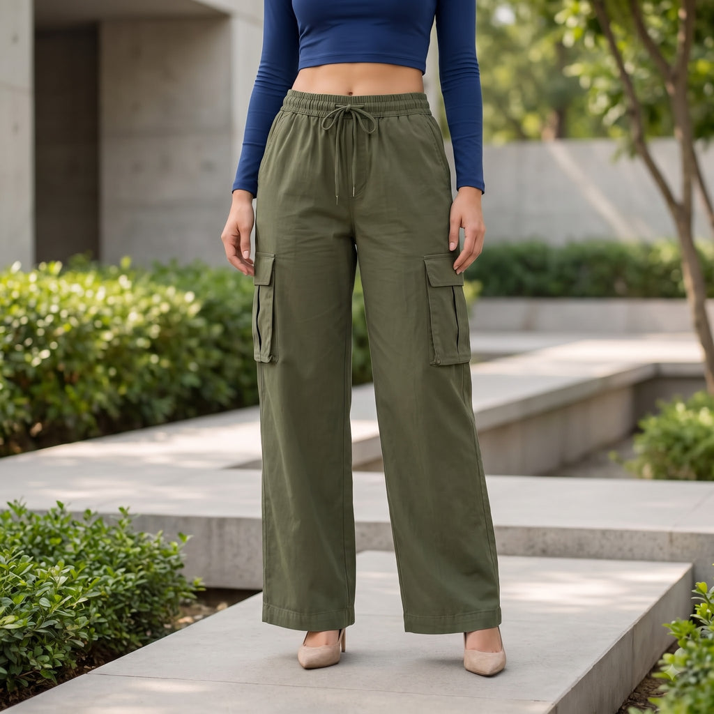 Women's Relaxed Fit 4 Pocket Cargo Pants | Cotton Wide Leg Trousers