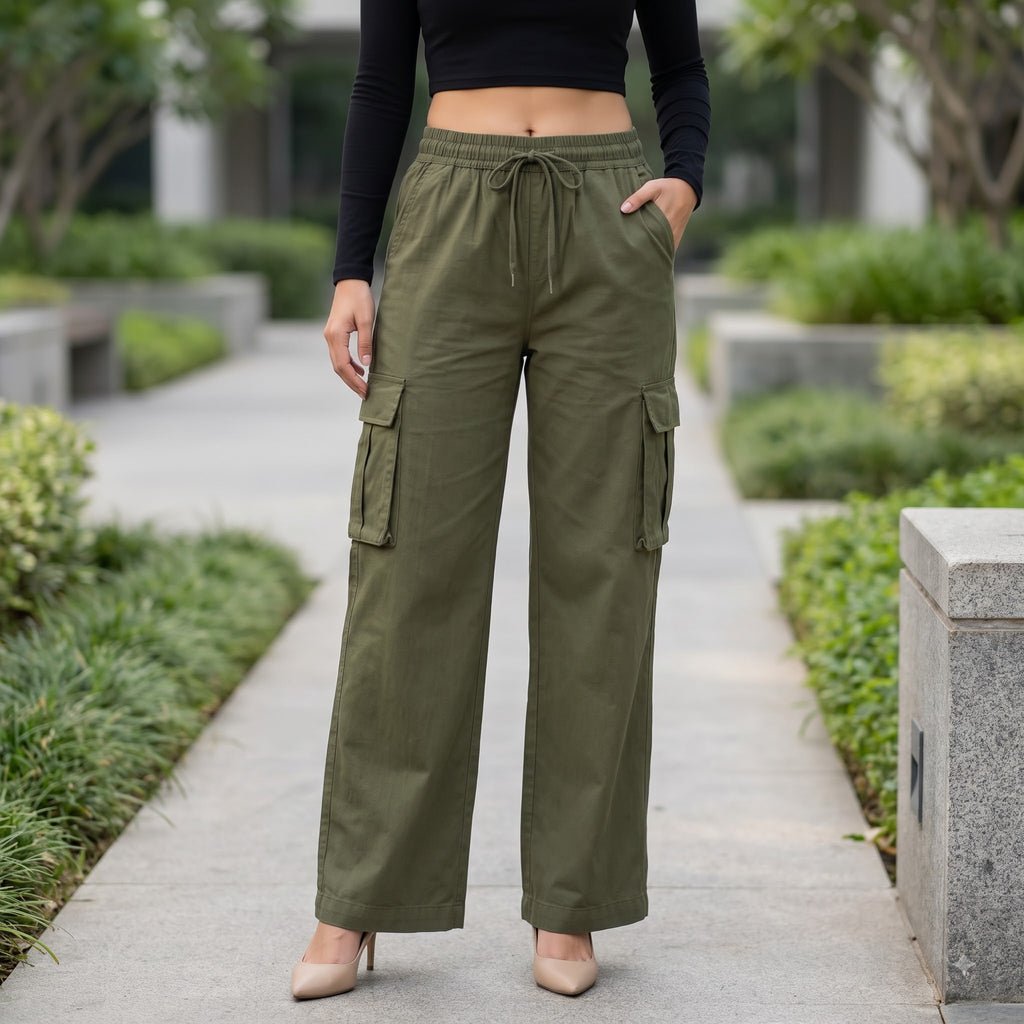Women's Relaxed Fit 4 Pocket Cargo Pants | Cotton Wide Leg Trousers